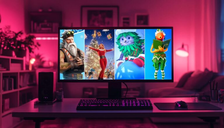 A computer screen in a dimly lit room displays vibrant holiday-themed Fortnite characters